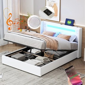 Łóżko 140x200 cm z pojemnikiem - Łóżko dla dorosłych z USB, oświetleniem LED i odtwarzaczem Bluetooth - Biały poliuretan - Bez materaca