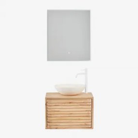 Zestaw Wiszących Mebli Łazienkowych 60x45 Cm Z Drewna Deleyna Naturalna & Cement Okrągły Biały Ø40 Cm Zavion & Prostokątna Lampa Led I Przeciwmgielna