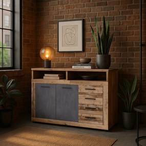 Komoda Dwudrzwiowa z Szufladami BLAGO MIDI A 119,6 cm Surowy Dąb/Czarny Loft