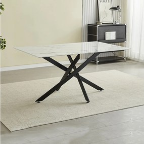 Prostokątny stół jadalniany z hartowanego szkła – Efekt białego marmuru i czarny metal – dla 6 osób – CHIARA