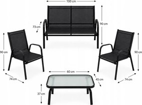 Zestaw mebli ogrodowych Boston 025 - sofa 2-osobowa, 2 fotele, stolik, kolor czarny