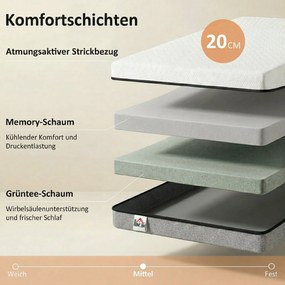 HOMCOM Materac 140x200cm H3 średnio-twardy, wys. 20 cm, ergonomiczny, oddychający z pianki memory z żelem, OEKO-TEX &amp; CertiPUR-US | Aosom PL