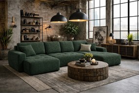 Narożnik w kształcie U z funkcją spania i pojemnikiem Ivo U, tkanina sztruksowa Poso, Zielony