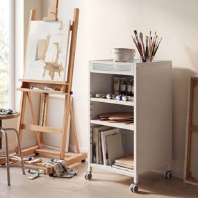 HOMCOM Mobilny regał na książki z regulowanymi półkami, 3-poziomowy wózek z górnym koszem, biały | Aosom PL