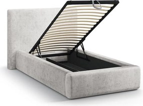 Jasnoszare tapicerowane łóżko jednoosobowe ze schowkiem ze stelażem 90x200 cm Amy – Micadoni