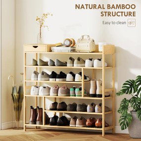 HOMCOM Regał na buty, stojak na obuwie z 6 półkami, szuflada z bambusa, dla maks. 18 par butów, regał do korytarza, sypialni, 101 x 30 x 100 cm, naturalny