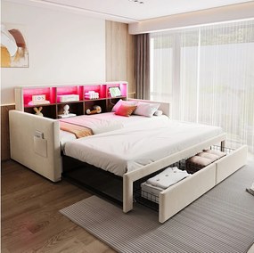 Rozkładana sofa dziecięca - 90/180 x 190 cm - zagłówek z pojemnikiem + diody LED + gniazdka - z 2 szufladami - aksamitna - beżowa