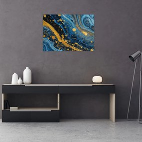 Obraz na szkle - Niebieska abstrakcja ze złotem (70x50 cm)
