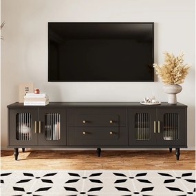 Czarna szafka RTV z 4 drzwiami i 2 szufladami, czarne drewniane nogi - do salonu i biura