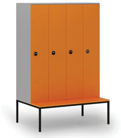 Drewniana szafa ubraniowa z ławką, 4-drzwiowa, 1871 x 1200 x 500/800 mm, zamek RFID, szary/pomarańczowy