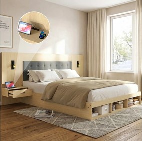 Łóżko podwójne ze schowkiem - 180 x 200 cm - z portami USB i Type-C + lampka do czytania + 2 szafki nocne - MDF - naturalny