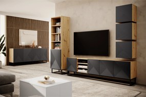 Szafka RTV Asha 200 cm z ryflowanym frontem, wnękami i metalowym stelażem - artisan / rivier stone mat