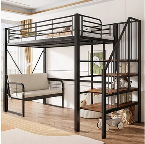 Łóżko piętrowe dla dzieci - 90 x 200 cm - z wyjmowaną sofą + drabinka ze schowkiem - rama metalowa - kolor czarny