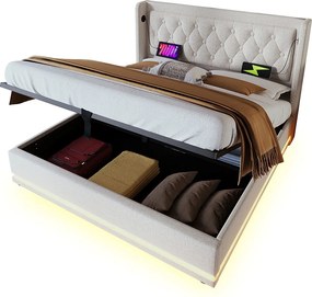 Łóżko tapicerowane 140 x 200 cm z tkaniny bawełnianej - z funkcją ładowania i LED u stóp łóżka - Beżowe