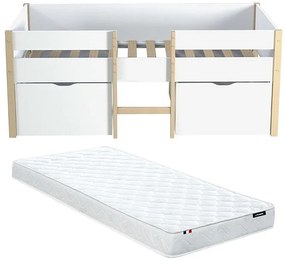 Podwyższone łóżko SISSY – 2 szuflady – 90 × 190 cm – kolor biały i dębowy, materac w zestawie