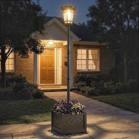 Outsunny Lampa Solarna Stojąca z Donicą 195 cm Zewnętrzna Latarnia Ogrodowa z 2 Poziomami Jasności Czujnik Światła IP44 | Aosom PL