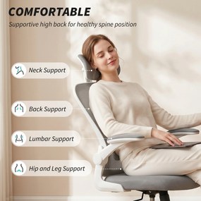 HOMCOM Fotel biurowy Ergonomiczny fotel biurkowy ze składanymi podłokietnikami, regulowanym podparciem lędźwiowym Szary | Aosom PL