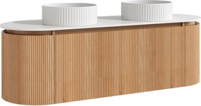 Wisząca szafka łazienkowa prążkowana z podwójną okrągłą umywalką nablatową prążkowaną – Jasny naturalny - szer. 150 cm - LILIKO