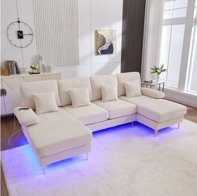 Sofa 4-osobowa z beżowego aksamitu z oświetleniem LED i portem USB - nowoczesny design w kształcie U