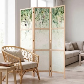 Parawan pokojowy 3-częściowy 135x172 drewniany japoński Jednostronny dekoracyjny boho botaniczny Zielona Kaskada Liści