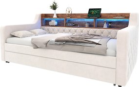 Łóżko dziecięce 90x190 cm - z półkami, portem USB typu C, oświetleniem LED - beżowy aksamit - materac nie jest wliczony w cenę