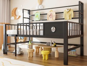 Łóżko dziecięce 90x200cm - Rama metalowa - Z przegródkami do przechowywania - Czarny (materac nie jest wliczony w cenę)