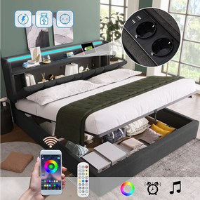 Łóżko z pojemnikiem 140 x 200 cm i zagłówkiem ze schowkiem - Oświetlenie LED i ładowanie przez USB - Tkanina lniana - Szary