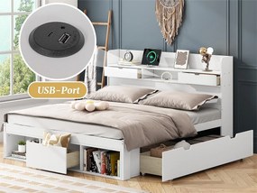 Łóżko dwuosobowe z drewna 140x200 cm - z portem ładowania i wielofunkcyjnymi schowkami - Białe