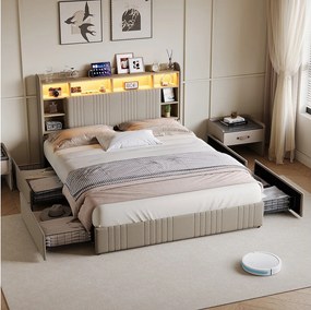 Łóżko 140x200 cm z 4 szufladami, oświetleniem LED, USB typu C, stolikami nocnymi ze schowkiem, otwartymi przegrodami, stelażem z listew - beżowe