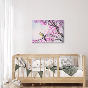 Obraz na szkle - ptak na drzewie z różowymi kwiatami (70x50 cm)