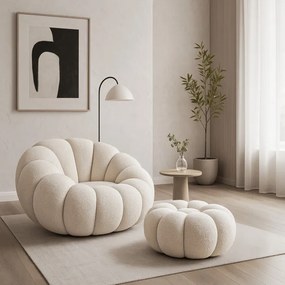 Fotel Wypoczynkowy Obrotowy PETTIT Kremowy z Pufą w Tkaninie Teddy Boucle