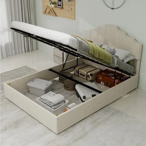 Łóżko z pojemnikiem 140x200 cm, łóżko dla dorosłych z miękkim zagłówkiem i stelażem - aksamit - beżowe (bez materaca)