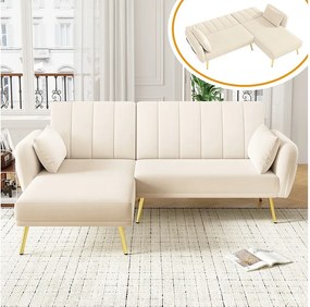 Sofa 3-osobowa z bocznymi kieszeniami i regulowanym oparciem, złote nogi - beżowy welur