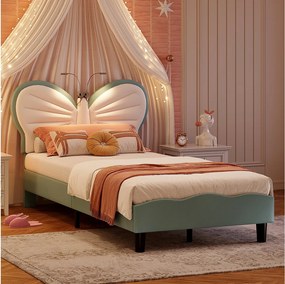 Łóżko dziecięce 90×200 cm niebiesko-białe z zagłówkiem w kształcie motyla, lampką do czytania LED i regulacją wysokości