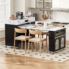 Rozkładana wyspa kuchenna na kółkach z blatem szklanym - 110,5 x 50,5 x 95,5 cm - z drzwiami i szufladą - MDF + szkło - czarna