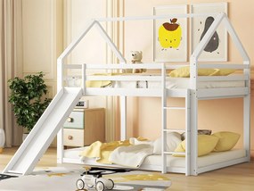 Łóżko piętrowe domek z zjeżdżalnią i drabinką - 140x200cm - rama z litego drewna sosnowego - Białe