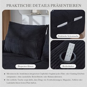 Sofa modułowa 3-osobowa - 268 x 174 x 80 cm - z 2 pufami + uchwytami na kubki + kieszenią do przechowywania - aksamitna - czarna