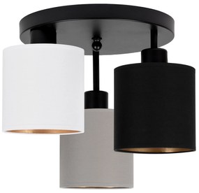 Lampa sufitowa czarna trzypunktowa z szaro-czarno-białymi abażurami C-