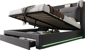 Łóżko z tapicerowanym welurem - 160x200 cm - 2 szuflady na końcu łóżka - wbudowana taśma LED w nogach łóżka - Szary (bez materaca)