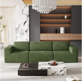 Modułowa Sofa 3-osobowa w Welurze Żebrowanym, z 3 poduszkami, 303x101x82cm, Zielony