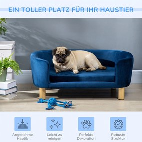 PawHut Sofa dla psa legowisko z weluru holenderskiego z oparciem, drewniane nóżki, poduszka Niebieski | Aosom PL