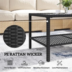 Outsunny Rattanowy stolik kawowy, dwupoziomowy stolik z półką, hartowany blat szklany i stalowa rama, czarny | Aosom PL