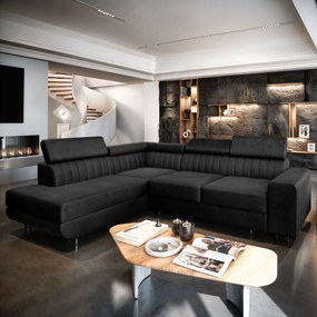 Masseno Narożnik NOLA z funkcją spania i pojemnikiem na pościel Narozniki L, Rozkładana sofa - Czarny, MONOLITH 95