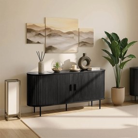 Komoda do Salonu Rozsuwana TRISH 140 cm Czarna Dwudrzwiowa Ryflowana Nowoczesna