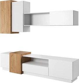 Meblościanka modułowa do salonu, biały / dąb craft złoty, 220 x 45 x 180 cm