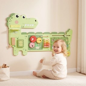 AIYAPLAY Montessori tablica motoryczna drewniana Busy Board Dinozaur ścienna z ksylofonem, zegarem, zębatkami i listwami dźwiękowymi | Aosom PL