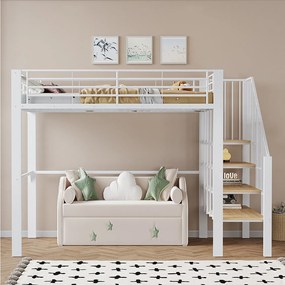 Solidne metalowe łóżko piętrowe (140x200 cm) z dużą ilością miejsca do przechowywania i schodami, idealne dla dzieci i dorosłych, łóżko oszczędzające miejsce