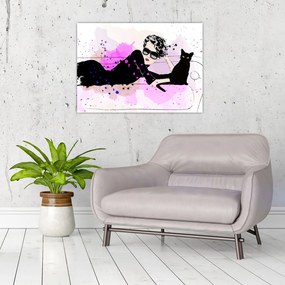 Obraz na szkle - Kobieta z czarnym kotem (70x50 cm)