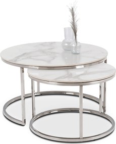 Zestaw Stolików Kawowych AMARA MAX 60 cm/80 cm Biały Marmur/Srebrny Glamour