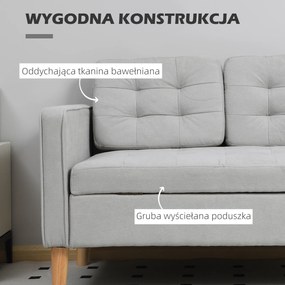 HOMCOM Sofa 2-osobowa z przestrzenią do przechowywania, Pikowana guzikami, Poduszki, Drewno kauczukowe, 117x62x78cm, Jasnoszary